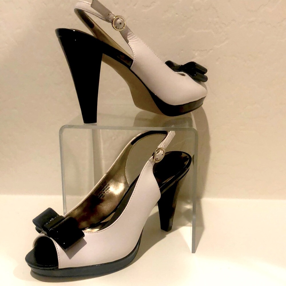 Leather upper Black/white sling back open toe platform high heel, black bow